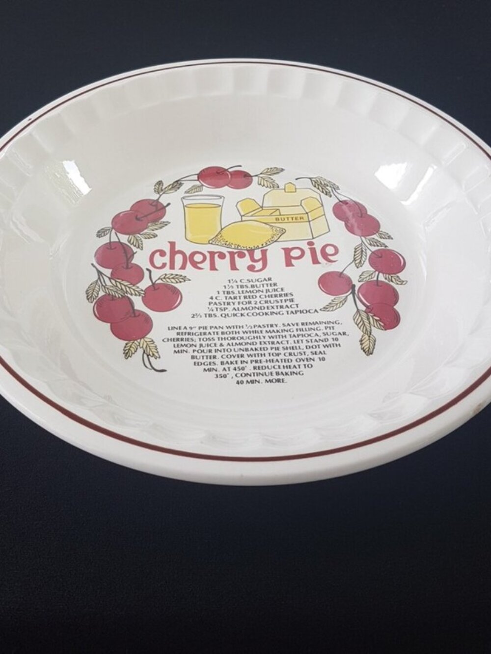 Vintage Cherry Pie Recipe Plate Ceramic Fluted Bakeware Cottagecore